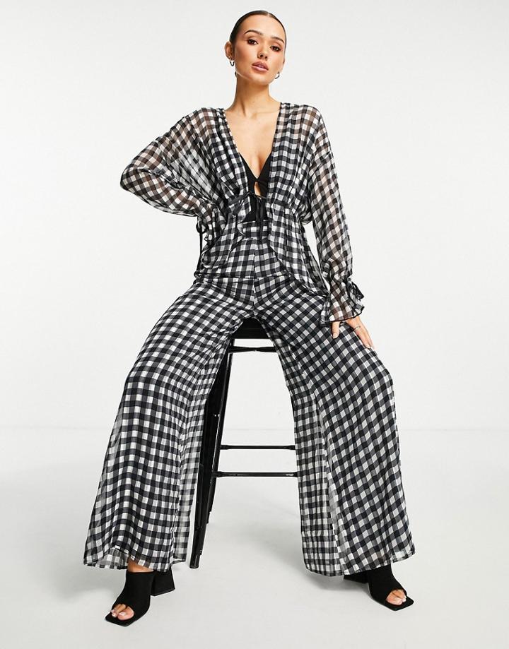 Asos Design Tie Waist Top In Mono Check - Part Of A Set-multi