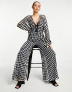 Asos Design Tie Waist Top In Mono Check - Part Of A Set-multi