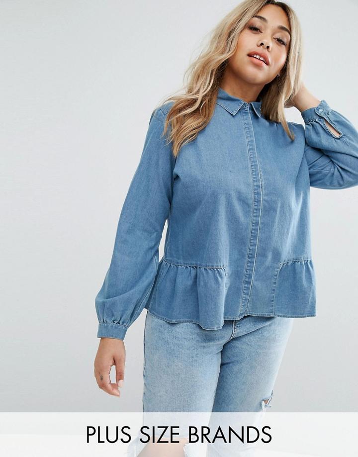 Lost Ink Plus Denim Shirt With Peplum Frill Hem - Blue
