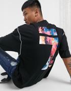 Asos Design Oversized T-shirt With Piping Panels And Marble Flock Back Print-black