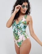 Asos Design Tie Front Plunge Swimsuit In Palm Print-multi