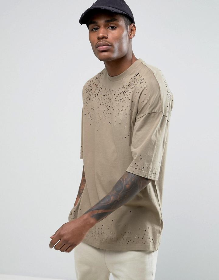 Asos Oversized T-shirt With Distressed Yoke And Half Sleeve - Brown