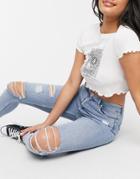 Bershka Super High Waist Distressed Skinny Jeans In Light Blue-blues