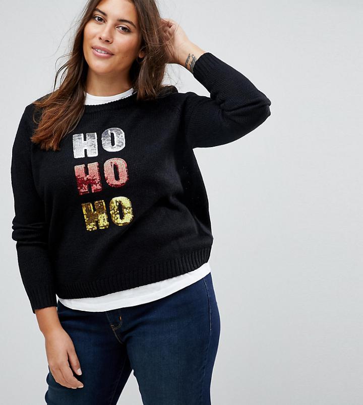 Brave Soul Plus Sequin Ho Ho Ho Holidays Sweater - Black