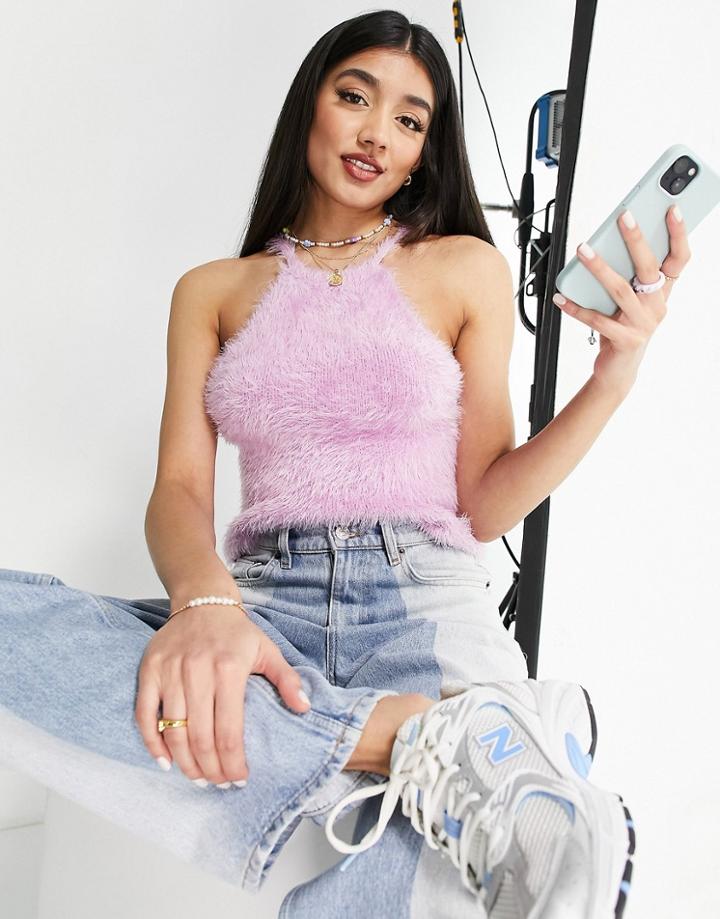 Asos Design Fluffy Knitted Cami With Halter Neck-pink