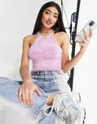 Asos Design Fluffy Knitted Cami With Halter Neck-pink