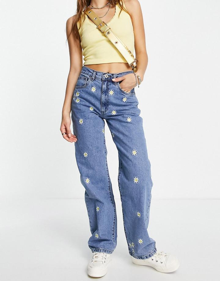 Cotton: On Loose Straight Leg Jeans With Daisy Embroidery In Blue