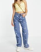 Cotton: On Loose Straight Leg Jeans With Daisy Embroidery In Blue