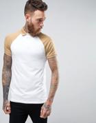 Asos Muscle Polo Shirt With Contrast Raglan In White And Beige - Multi