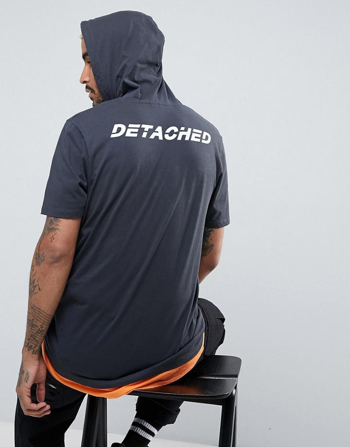 Asos Super Longline Hooded T-shirt With Text Back Print And Distressed Double Layer - Gray