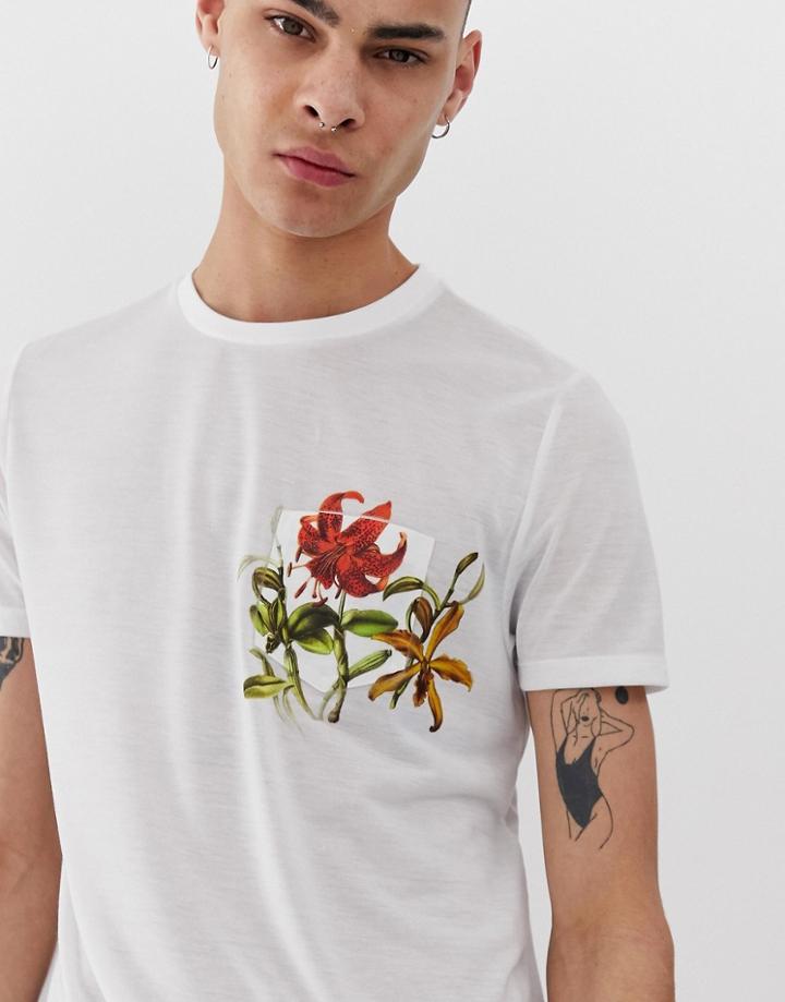 Asos Design T-shirt With Floral Printed Pocket - White