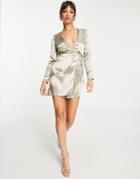 Asos Design Wrap Mini Dress In High Shine Satin-grey