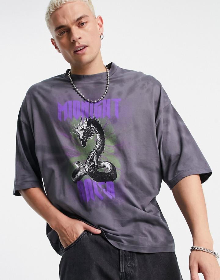 Asos Design Oversized T-shirt In Black Tie Dye With Snake Print