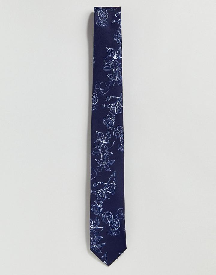 Selected Homme Tie With Floral Print - Navy
