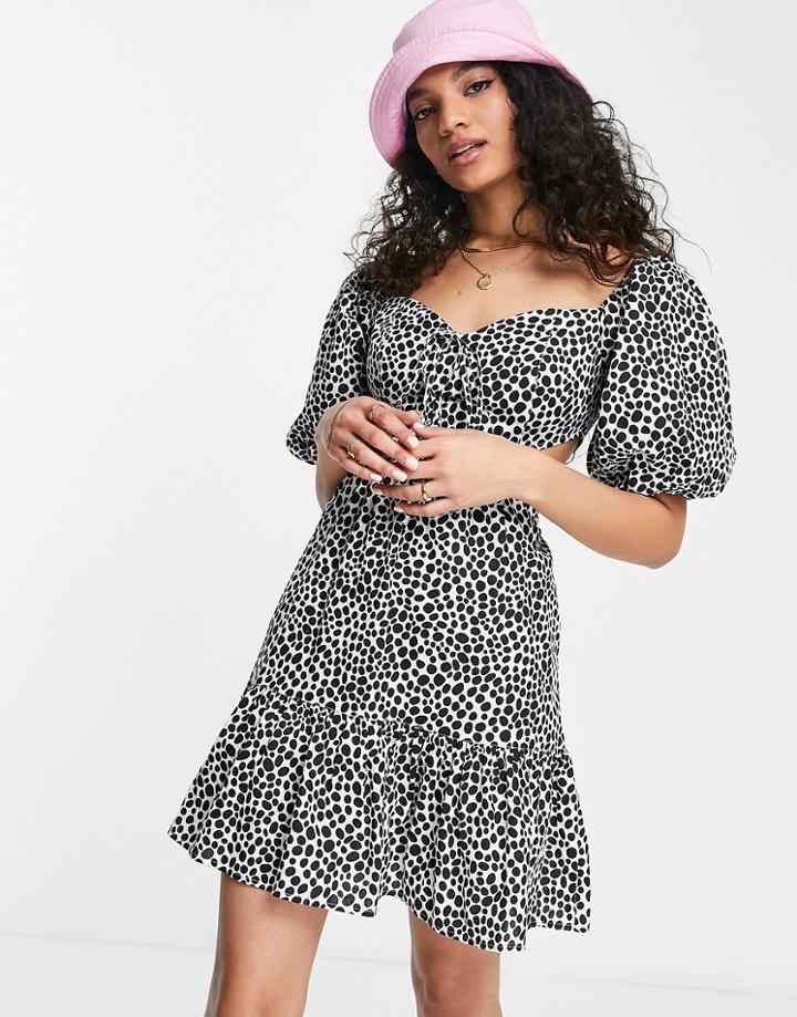 Miss Selfridge Linen Blend Cut Out Mini Tea Dress In Polka Dot-white