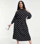 Simply Be Skater Dress With Cold Shoulder In Black And Lilac Polka Dot-multi