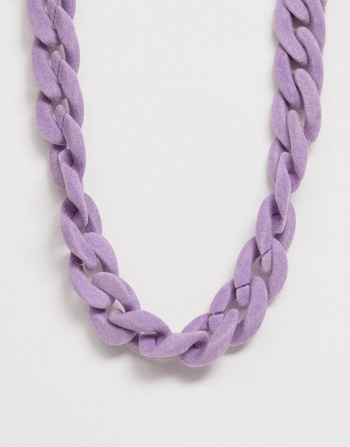 Asos Design Necklace With Lilac Flocked Chain And Hardware Clasp In Gold Tone - Purple