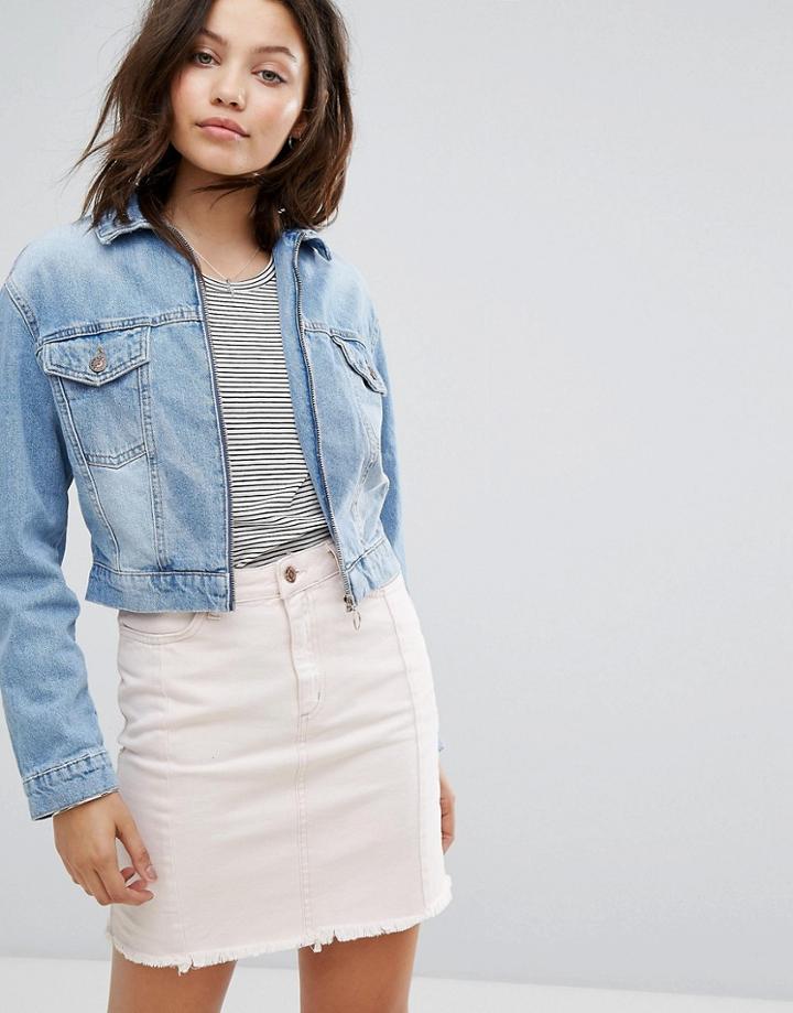 New Look Cropped Zip Front Denim Jacket - Blue