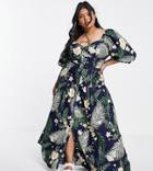 Asos Design Curve Pintuck Maxi Dress With Lace Insert In Navy Floral Print-multi