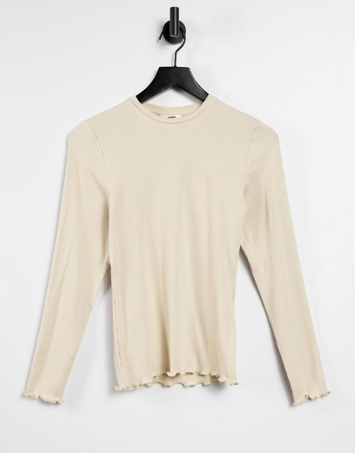 Object Long Sleeve Lettuce Hem Top In Beige-neutral