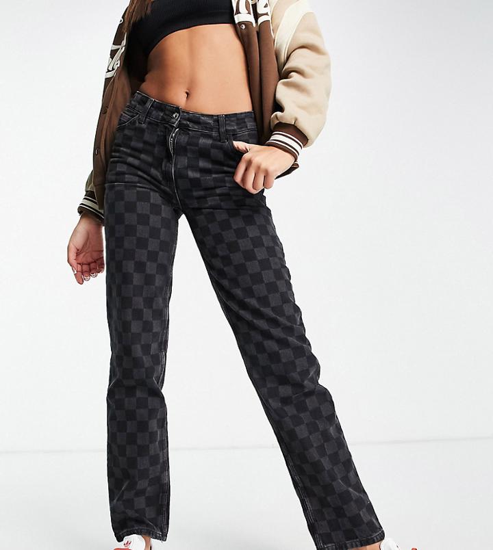 Collusion X014 Mid Rise 90s Baggy Checkerboard Dad Jeans In Washed Black-multi