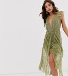 Asos Design Midi Dress With Plunge Bodice And Linear Vintage Beading - Green