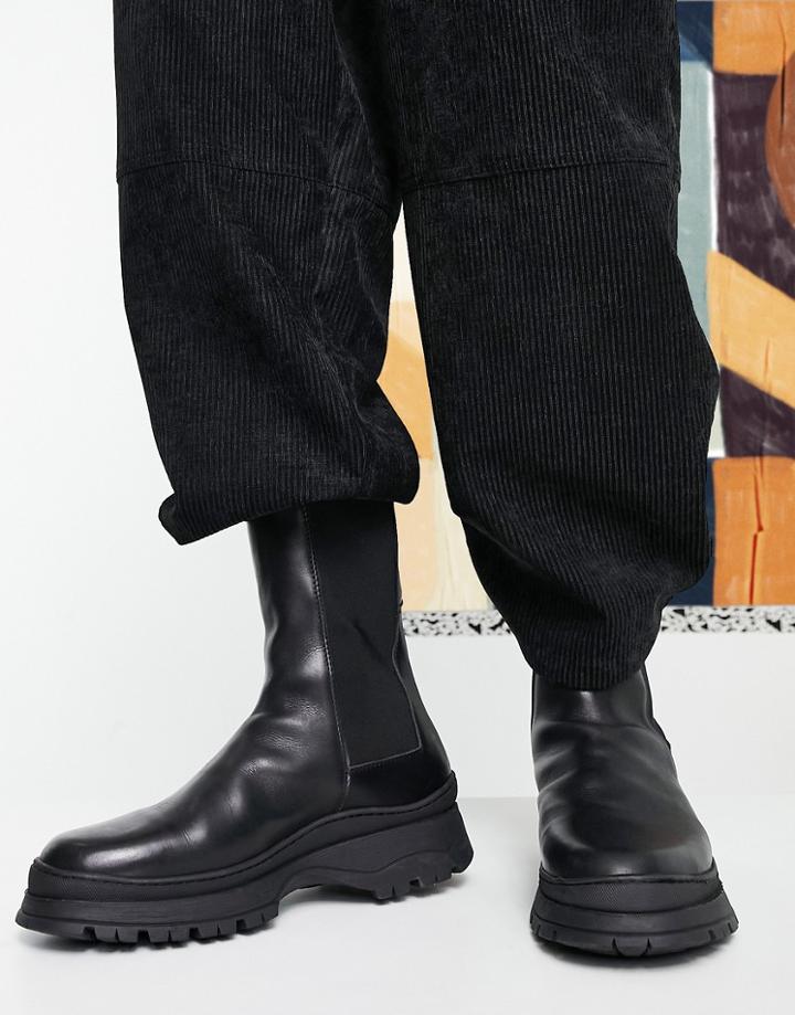 Asos Design Chelsea Calf Boots With Padded Collar In Black Leather On Chunky Sole
