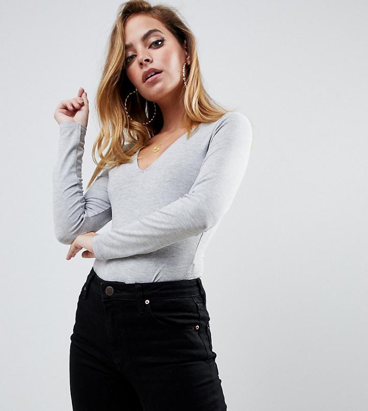 Asos Design Petite Ultimate Top With Long Sleeve And V-neck In Gray