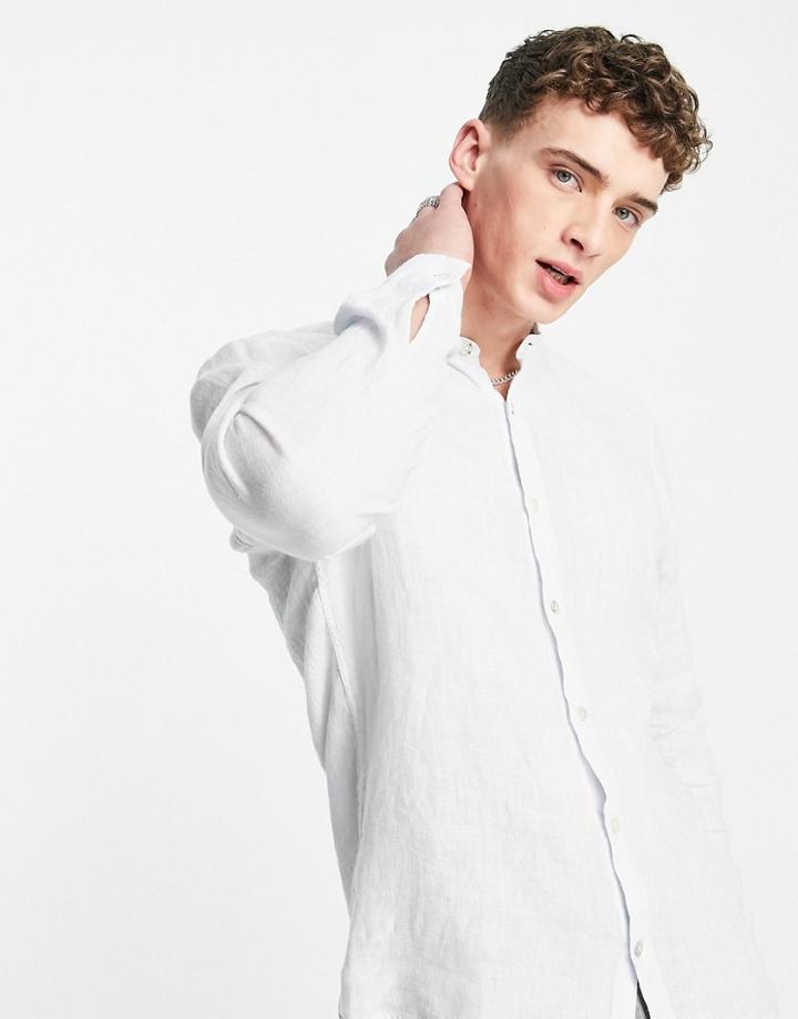 Pull & Bear Linen Band Collar Shirt In Light Blue
