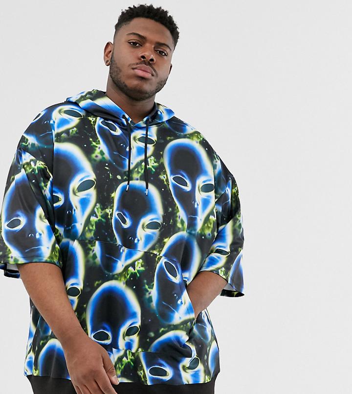 Asos Design Plus Festival Oversized Short Sleeve Hoodie With Alien Graphic In Poly Tricot - Black