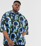 Asos Design Plus Festival Oversized Short Sleeve Hoodie With Alien Graphic In Poly Tricot - Black