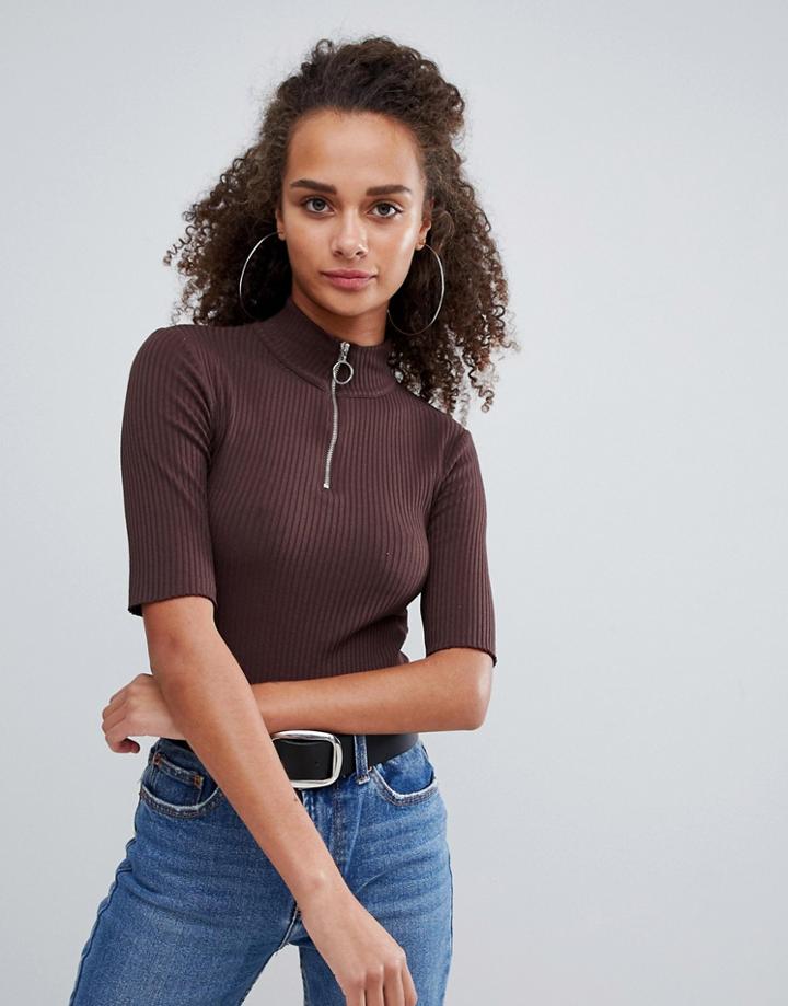 Bershka Zip Front Top With Short Sleeve - Brown