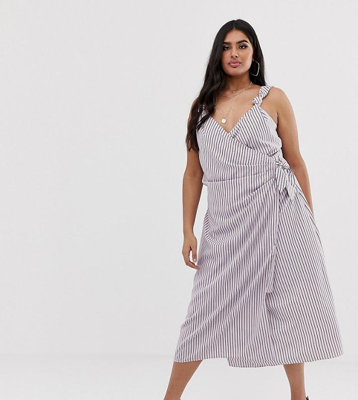 Fashion Union Plus Wrap Midi Cami Dress In Stripe - Purple