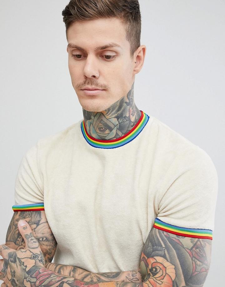 Asos Design T-shirt With Rainbow Tipping In Towelling In Beige - Beige