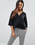 Asos Drape Wrap Top With Fluted Sleeve - Black