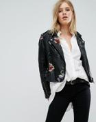 Blank Nyc Leather Look Jacket With Floral Embroidery & Stud Detail - Black