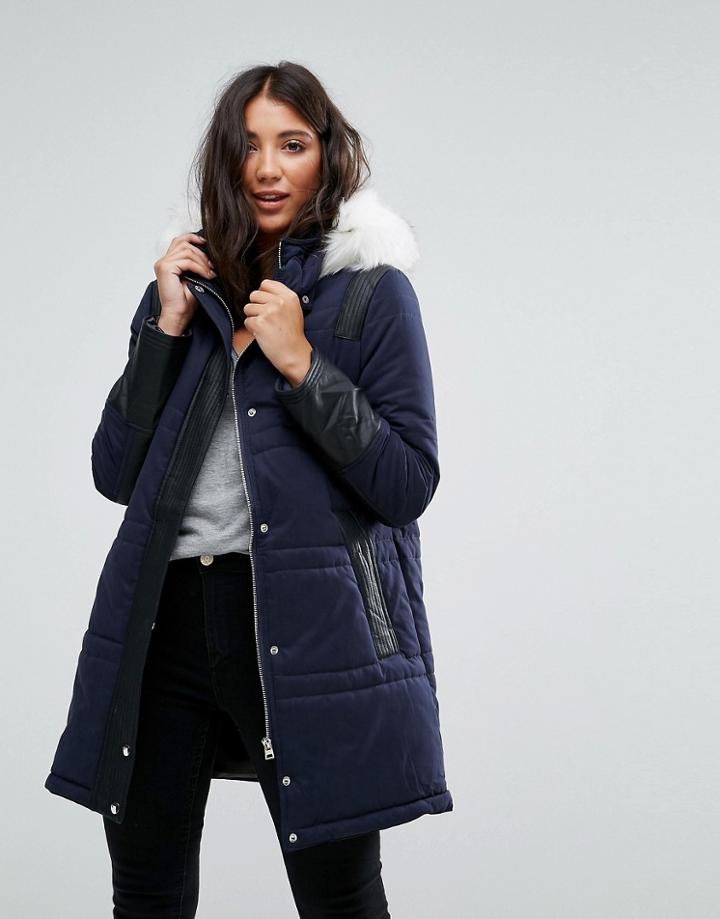 Urbancode Padded Parka Coat With Pu Trim Detail - Navy