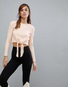 New Look Rib Tie Front Long Sleeve Sweat Top - Pink