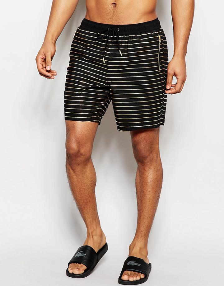 Asos Mid Length Swim Shorts With Metallic Stripe - Black