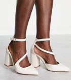 London Rebel Wide Fit Pointed Block Heel Shoes In White