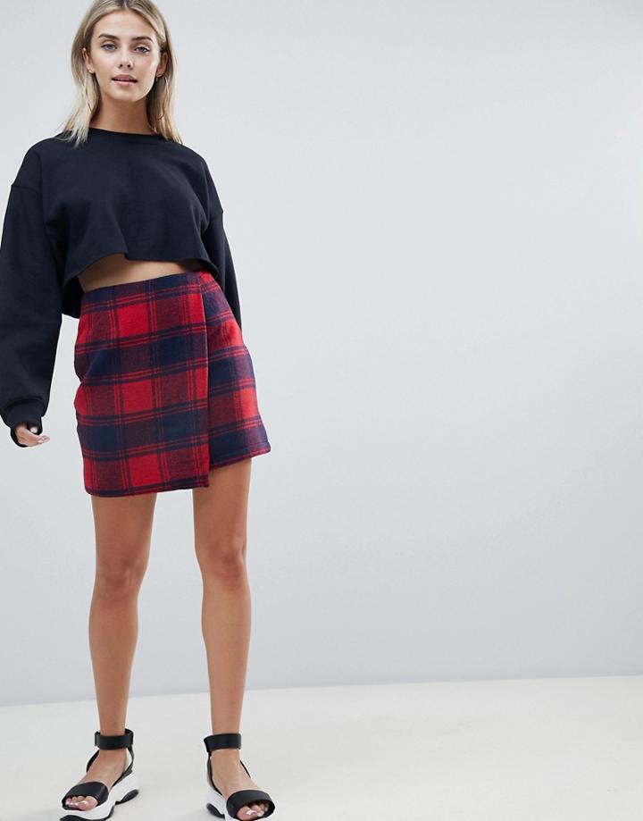 Prettylittlething Wrap Tartan Mini Skirt In Check - Red