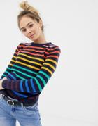 Brave Soul Smartie Sweater In Rainbow Stripe - Navy