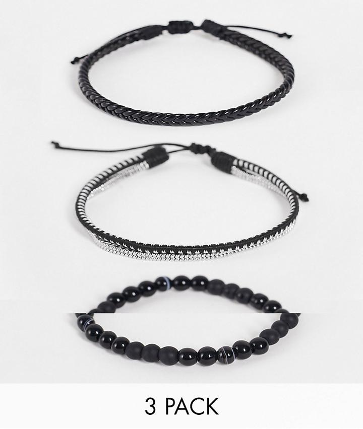 Asos Design 3 Pack Bead And Cord Bracelet Set In Black