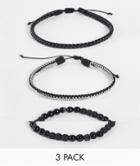 Asos Design 3 Pack Bead And Cord Bracelet Set In Black