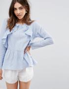 Influence Top With Ruffles And Peplum Hem - Blue