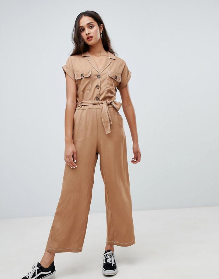Bershka Button Front Tie Waist Jumpsuit - Beige