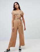 Bershka Button Front Tie Waist Jumpsuit - Beige