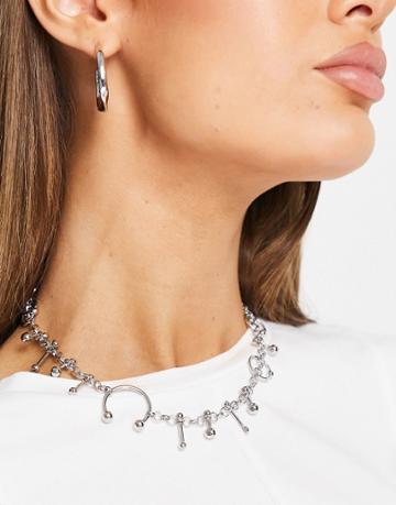 Asos Design Necklace With Piercing Designs In Silver Tone