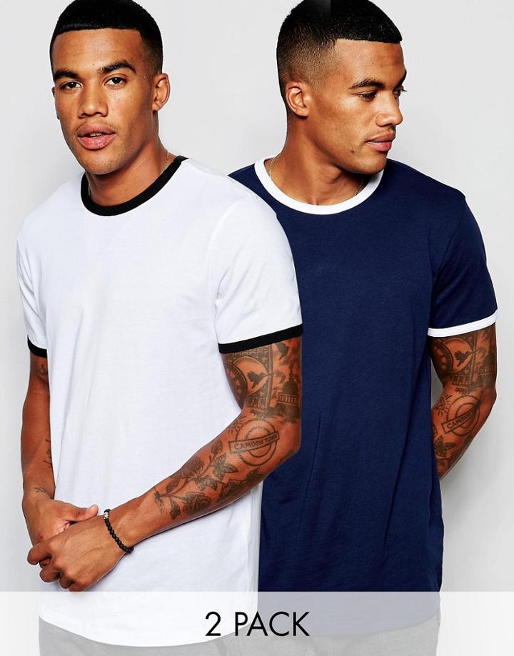 New Look 2-pack T-shirt With Rolled Sleeve In Navy & White - Multi