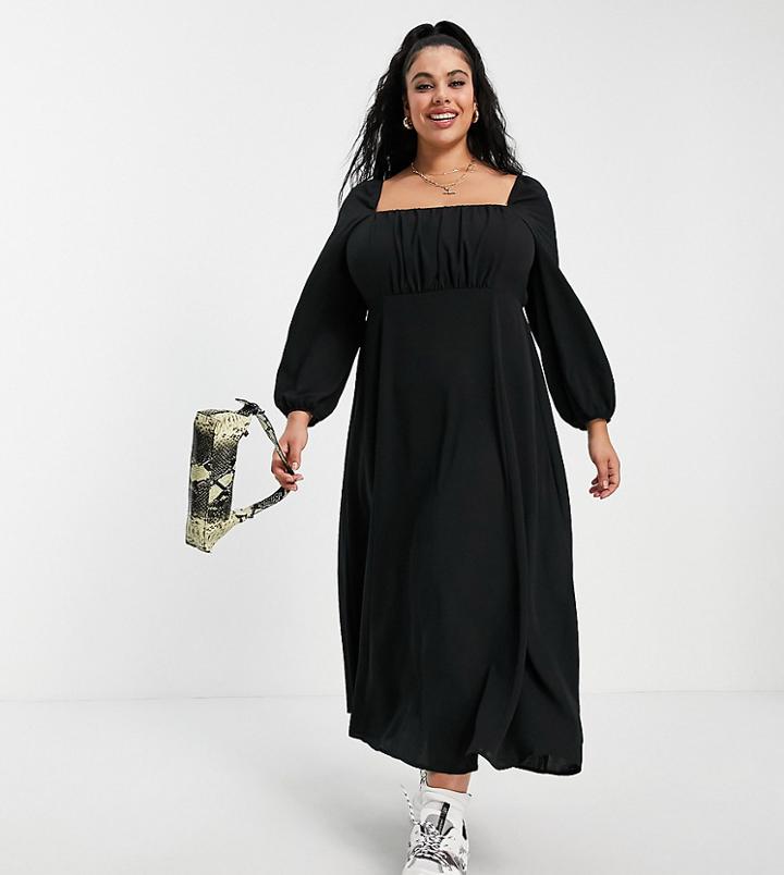 Asos Design Curve Square Ruched Neck Midi Dress In Black